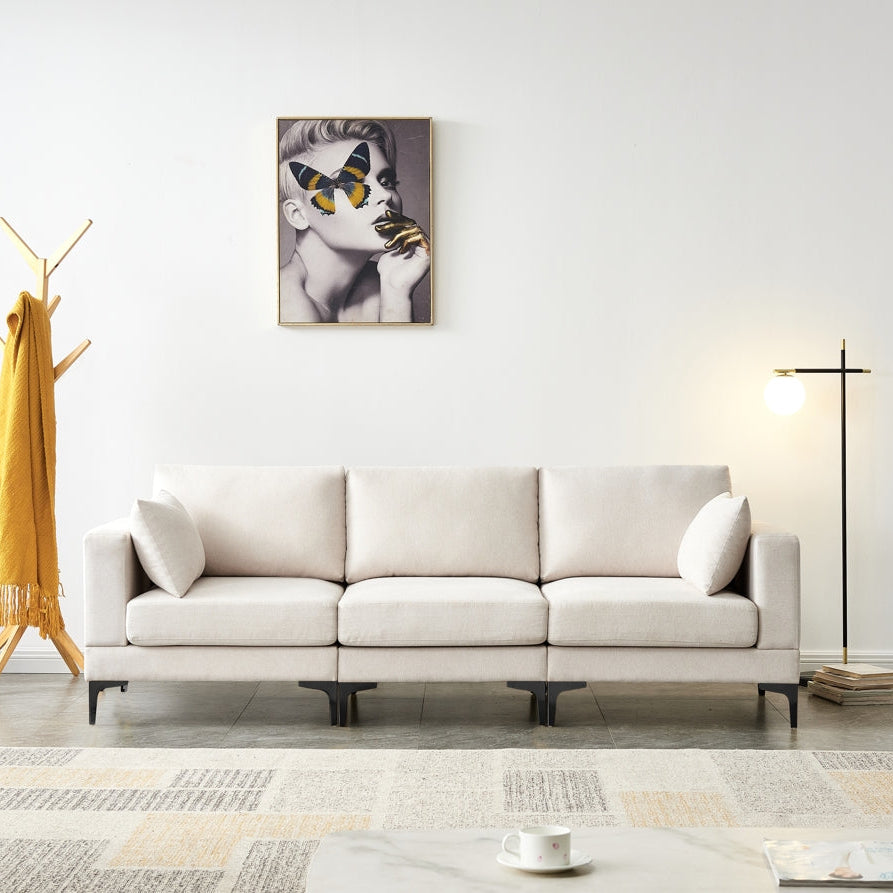 Fabric Upholstered Metal Legs Sofa with Ottoman in Beige color