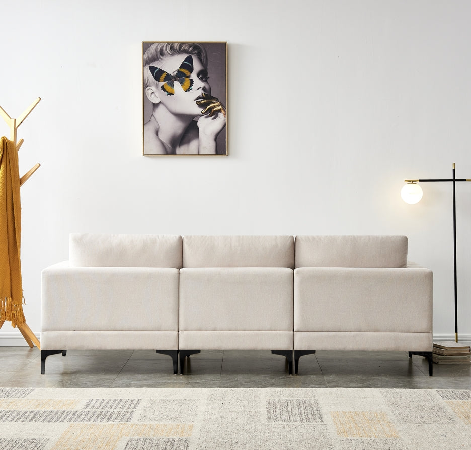 Fabric Upholstered Metal Legs Sofa with Ottoman in Beige color