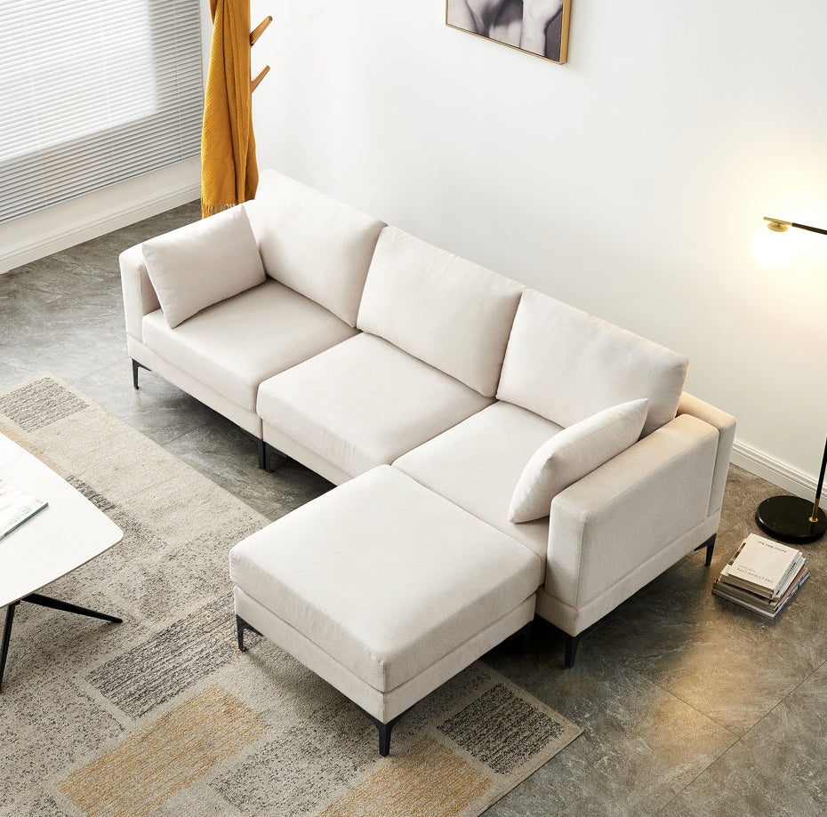 Fabric Upholstered Metal Legs Sofa with Ottoman in Beige color