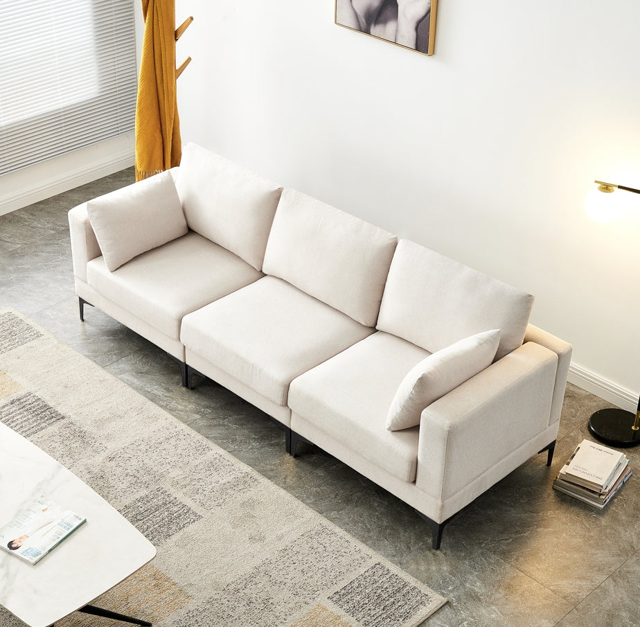 Fabric Upholstered Metal Legs Sofa with Ottoman in Beige color