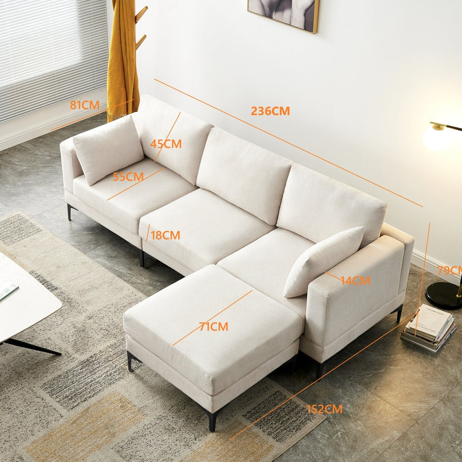 Fabric Upholstered Metal Legs Sofa with Ottoman in Beige color