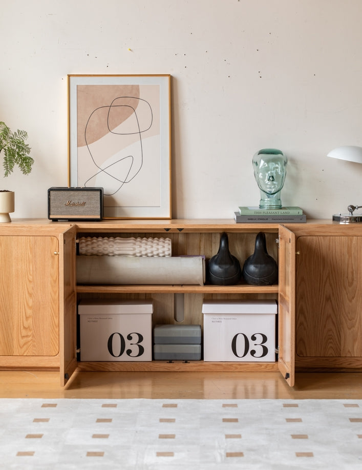 Mainn FAS-Graded Solid American Oak 4-Door High TV Cabinet with Cable Management/H70cm