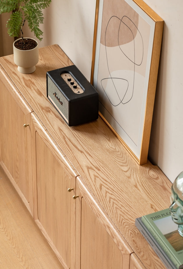 Mainn FAS-Graded Solid American Oak 4-Door High TV Cabinet with Cable Management/H70cm