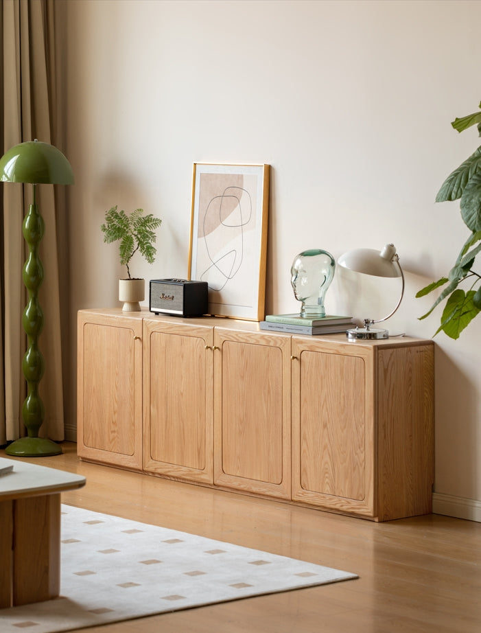 Mainn FAS-Graded Solid American Oak 4-Door High TV Cabinet with Cable Management/H70cm