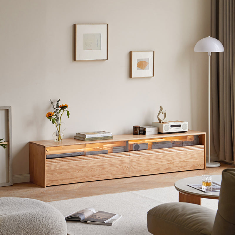 Raymond 1.8m/2.0m/2.2m/2.4m FAS-Graded Solid American Oak Wood TV Stand/Entertainment Unit With Lighting