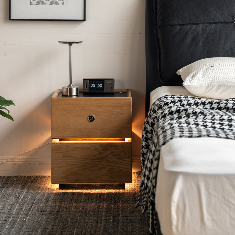 Stephanie FAS-Graded Solid Ash Wood Side Table Bedside Storage Cabinet with Fingerprint Lock/LED Lighting