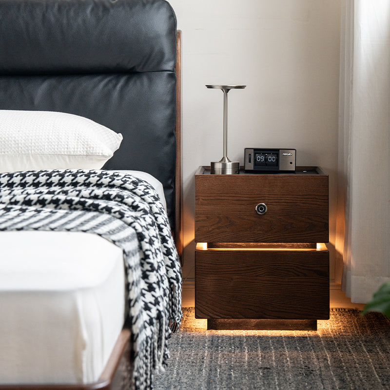 Stephanie FAS-Graded Solid Ash Wood Side Table Bedside Storage Cabinet with Fingerprint Lock/LED Lighting