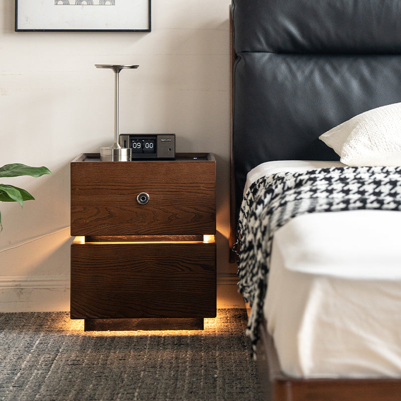 Stephanie FAS-Graded Solid Ash Wood Side Table Bedside Storage Cabinet with Fingerprint Lock/LED Lighting