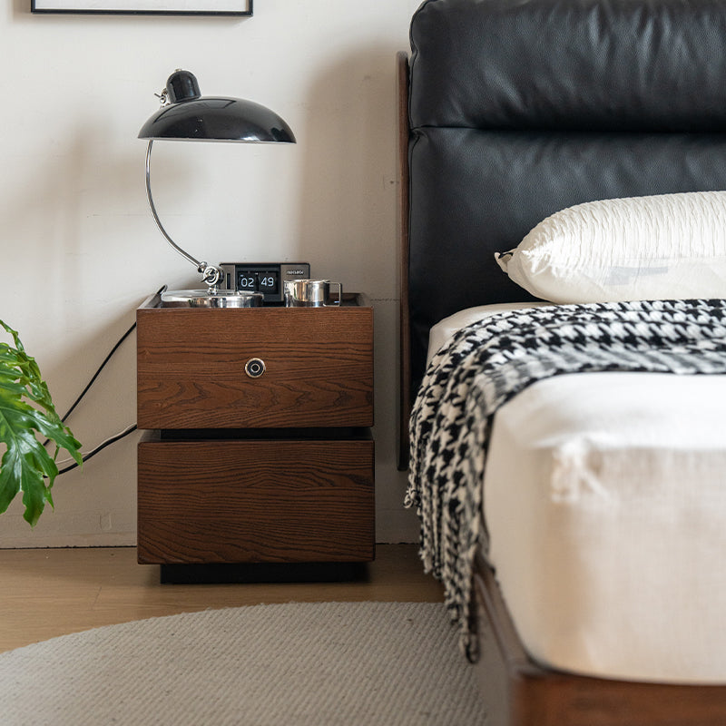 Stephanie FAS-Graded Solid Ash Wood Side Table Bedside Storage Cabinet with Fingerprint Lock/LED Lighting