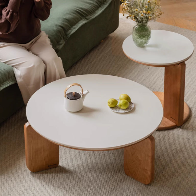Twin-Set Coffee Table with Ivory White Ceramic Top and NaturalGraded Solid Cherry Wood Base with Side Table