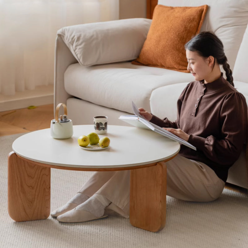 Twin-Set Coffee Table with Ivory White Ceramic Top and NaturalGraded Solid Cherry Wood Base with Side Table