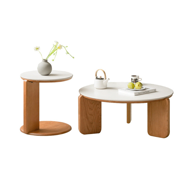 Twin-Set Coffee Table with Ivory White Ceramic Top and NaturalGraded Solid Cherry Wood Base with Side Table