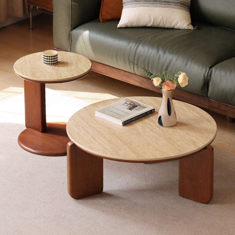 Samantha FAS-Graded Solid Liriodendron Wood Round Coffee Table/Side Table Set With Ceramic