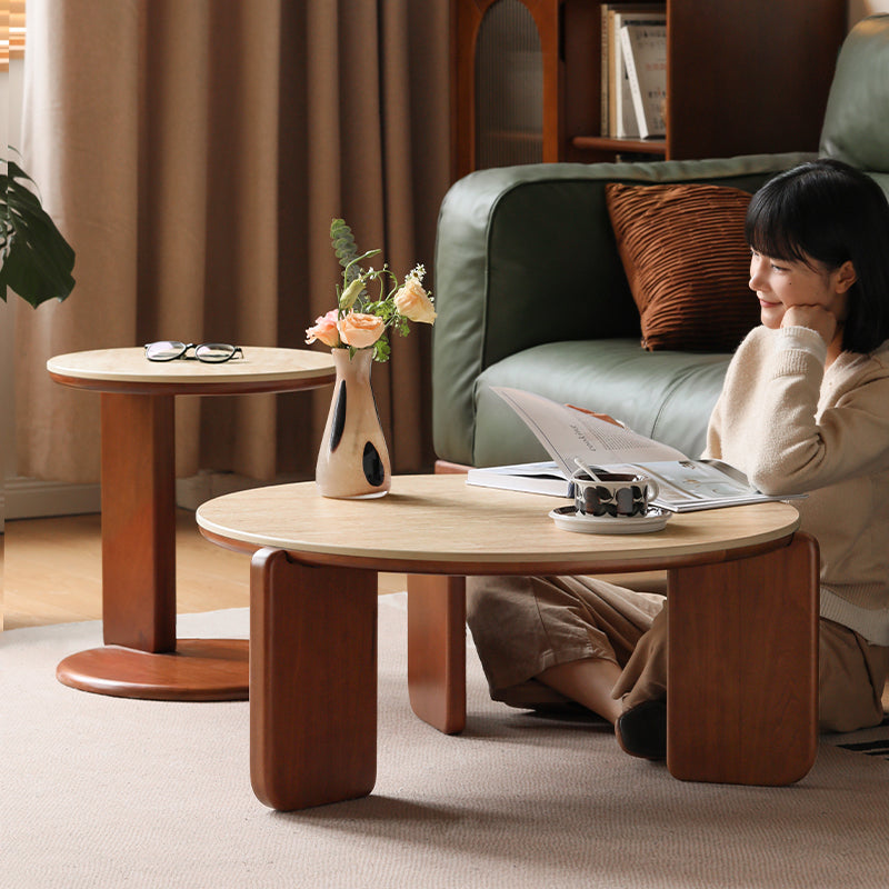 Samantha FAS-Graded Solid Liriodendron Wood Round Coffee Table/Side Table Set With Ceramic