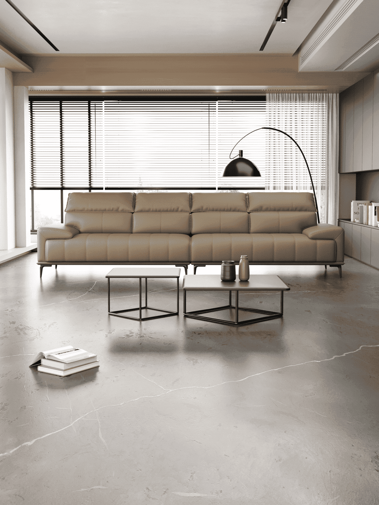 Camal Leather Sofa Four Seater Upholstery/Steel Legs/Adjustable Headrest